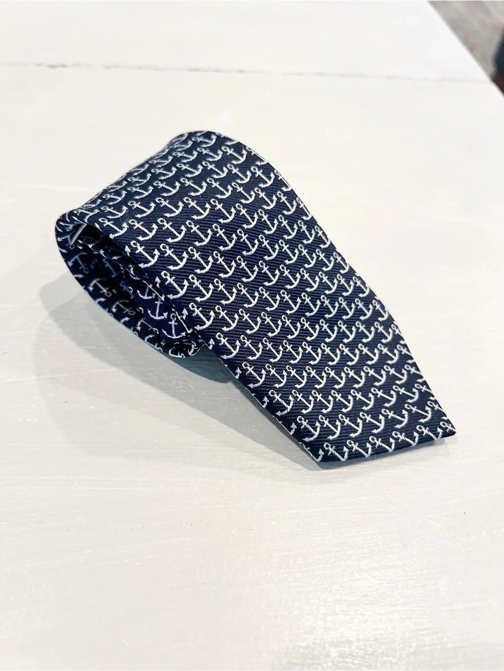 Janie & Jack Navy Anchor Print Boys Tie Nautical Preppy Accessory Velcro Closure